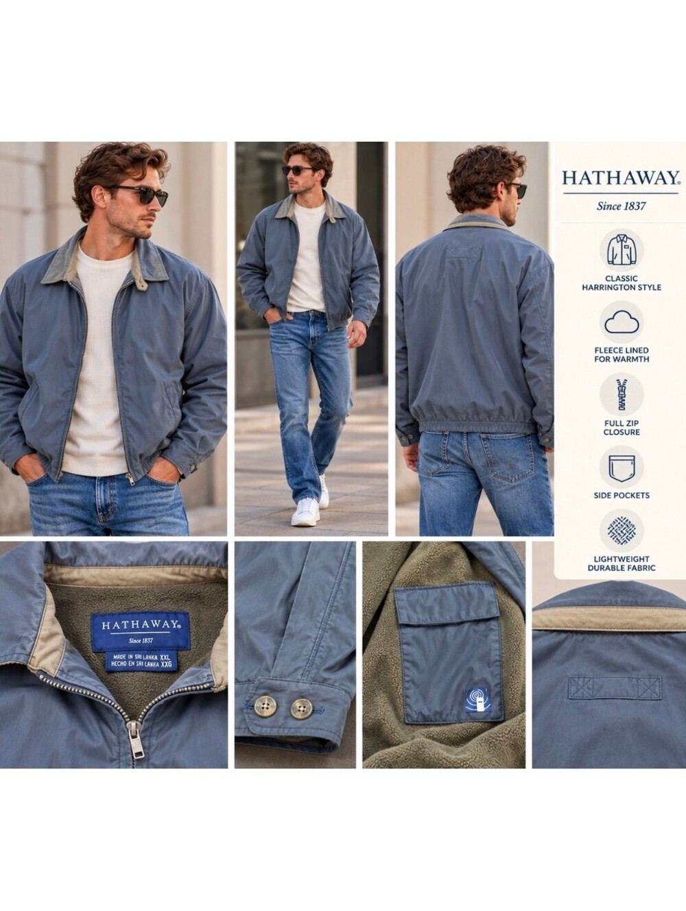 Hathaway Men’s XXL Fleece Lined Harrington Jacket Blue Gray Full Zip Windbreaker